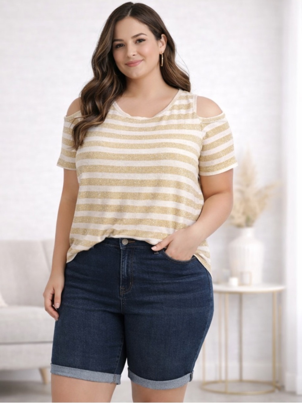 2 PC Bundle Summer Outfit- LG XL Cold Shoulder Top Gold Stripe & Denim Shorts 14